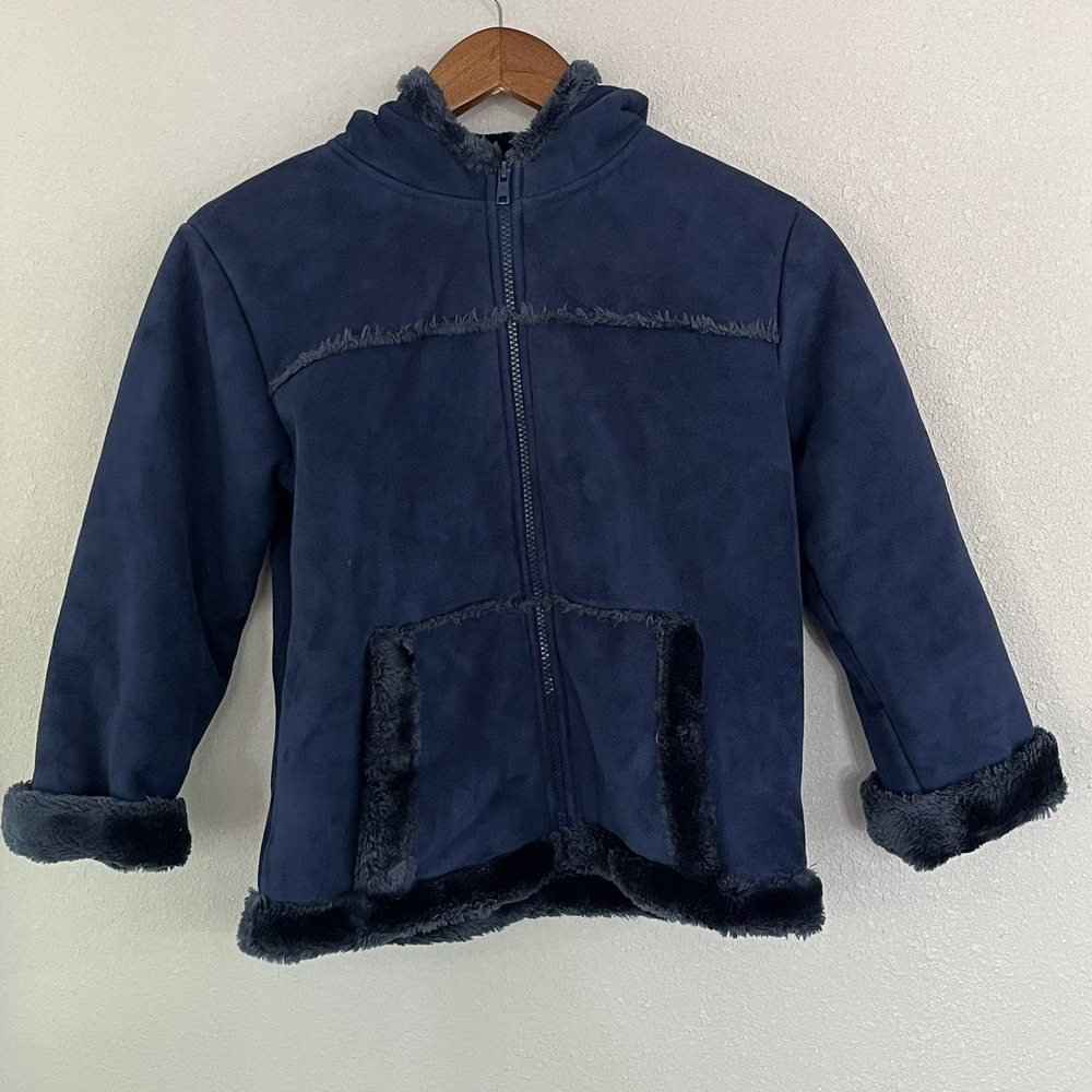 WIDGEON Kids Hooded Faux Suede /fur Lined Blue Jacket Coat Full Zip Up Size 8